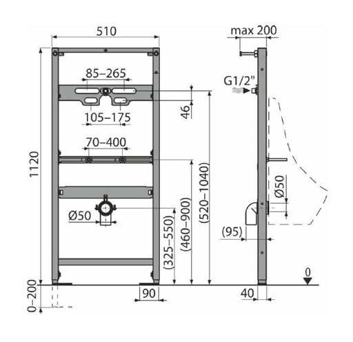 EASY montážní rám pro pisoár 117 cm EAM4.120 Technický nákres