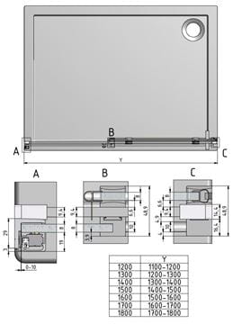 ROTH AMBIENT LINE AMD2/1200 sprchové dveře 120x200 cm, posuvné, brillant/sklo transparent 620-1200000-00-02 Technický nákres