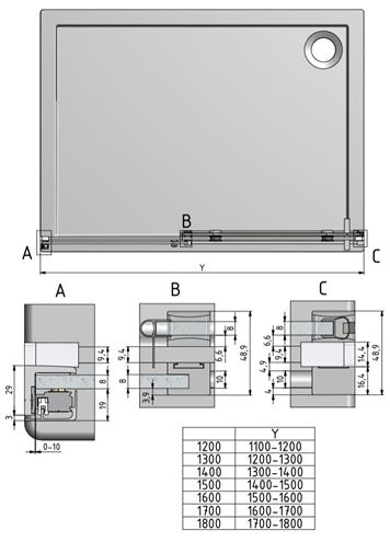 ROTH AMBIENT LINE AMD2/1300 sprchové dveře 130x200 cm, posuvné, brillant/sklo transparent 620-1300000-00-02 Technický nákres