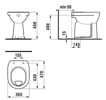 JIKA LYRA PLUS stacionární WC, ploché splachování, spodní odpad H8253870000001 Technický nákres
