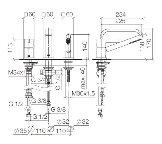 DORNBRACHT IMO baterie na okraj vany, 3-otvorová, se sprchovou soupravou, chrom 27 412 670-00 Technický nákres