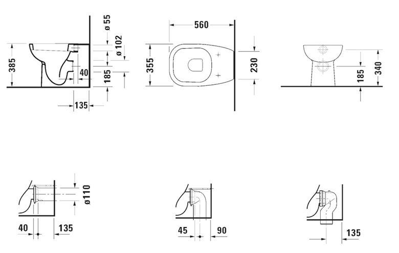 DURAVIT D-CODE stacionární WC, zadní odpad 21150900002 Technický nákres