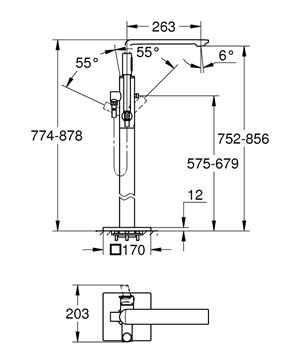 GROHE ALLURE vanová baterie na podlahu, s přepínačem, se sprchovou soupravou, kartáčovaný cool sunrise 25222GN1 Technický nákres