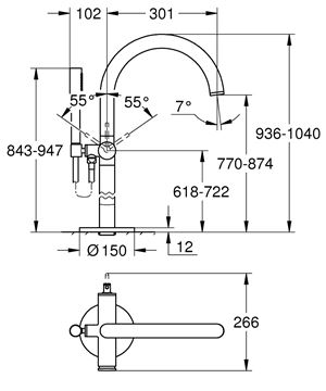 GROHE ATRIO vanová baterie na podlahu, s přepínačem, se sprchovou soupravou, kartáčovaný hard graphite 24368AL0 Technický nákres