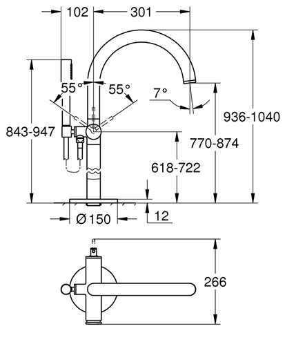 GROHE ATRIO vanová baterie na podlahu, s přepínačem, se sprchovou soupravou, kartáčovaný hard graphite 24368AL0 Technický nákres