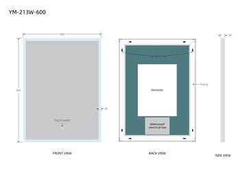 EASY zrcadlo 60x80 cm, s osvětlením, s regulací stmívání a teploty světla, se senzorem, s vyhříváním YM-213W-600 Technický nákres