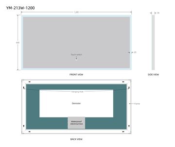 EASY zrcadlo 120x60 cm, s osvětlením, s regulací stmívání a teploty světla, se senzorem, s vyhříváním YM-213W-1200 Technický nákres