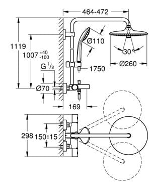 GROHE EUPHORIA SYSTEM 260 vanová termostatická baterie, s horní a ruční sprchou se 3 proudy, chrom 26114002 Technický nákres