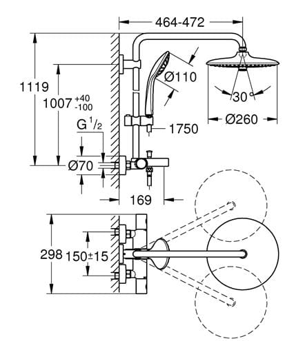 GROHE EUPHORIA SYSTEM 260 vanová termostatická baterie, s horní a ruční sprchou se 3 proudy, chrom 26114002 Technický nákres