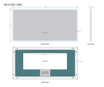 EASY zrcadlo 120x60 cm, s osvětlením, s regulací stmívání a teploty světla, se senzorem, s vyhříváním YM-213CH-1200 Technický nákres