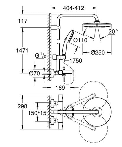 GROHE TEMPESTA SYSTEM 250 vanová termostatická baterie, s horní a ruční sprchou se 2 proudy, Water Saving, bílá/chrom 26672001 Technický nákres