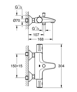 GROHE GROHTHERM 800 vanová nástěnná termostatická baterie, s přepínačem, matná černá 1022032430 Technický nákres