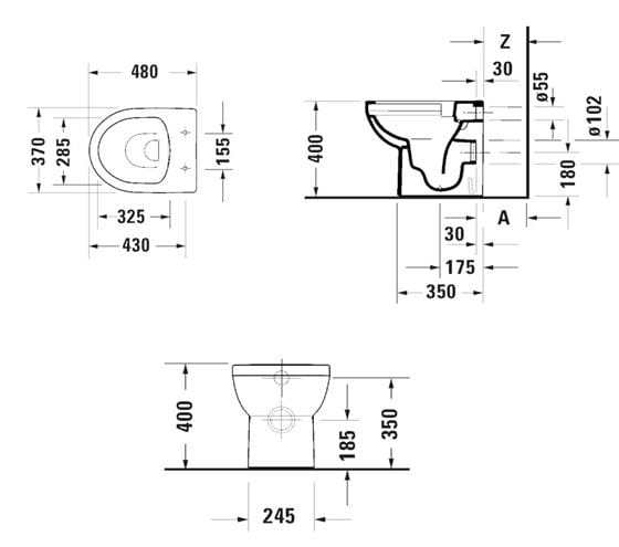 DURAVIT NO.1 stacionární WC, Rimless splachování, zadní odpad 21840900002 Technický nákres