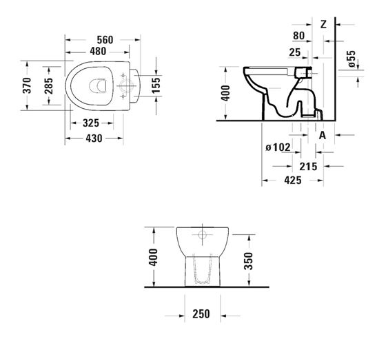 DURAVIT NO.1 stacionární WC, Rimless splachování, spodní odpad 21840100002 Technický nákres