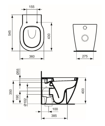 IDEAL STANDARD CONNECT stacionární WC zadní odpad, Ideal Plus E8231MA Technický nákres