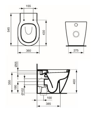IDEAL STANDARD CONNECT stacionární WC, zadní odpad E823101 Technický nákres