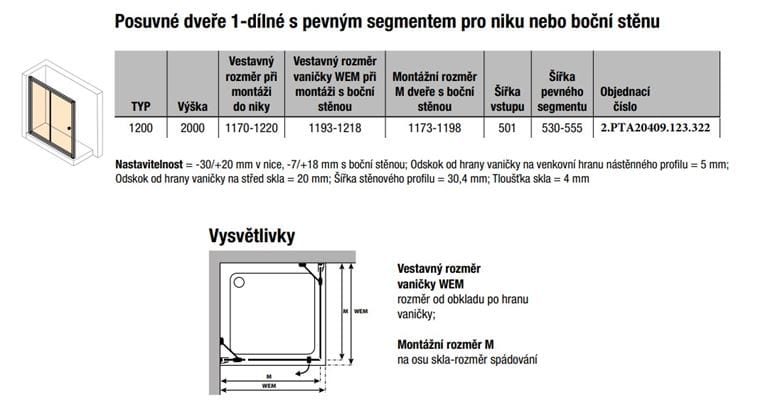 CONCEPT 100 BLACK EDITION sprchové dveře 120x200 cm, posuvné, černá/čiré sklo PTA20409.123.322 Technický nákres