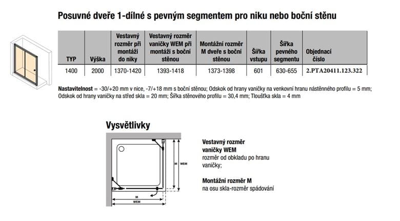 CONCEPT 100 BLACK EDITION sprchové dveře 140x200 cm, posuvné, černá/čiré sklo PTA20411.123.322 Technický nákres