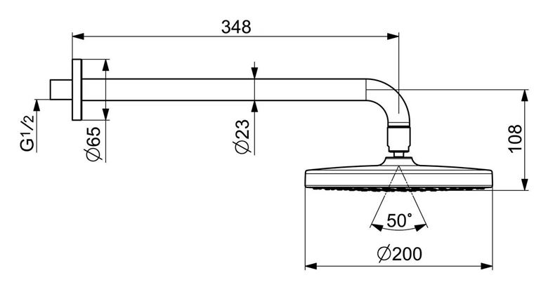 HANSA BASICJET horní sprcha pr. 200 mm, s ramenem, chrom 44360100 Technický nákres