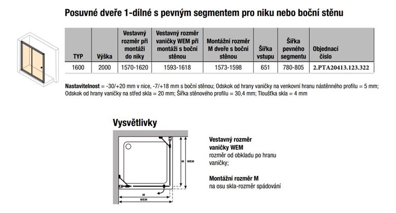 CONCEPT 100 BLACK EDITION sprchové dveře 160x200 cm, posuvné, černá/čiré sklo PTA20413.123.322 Technický nákres