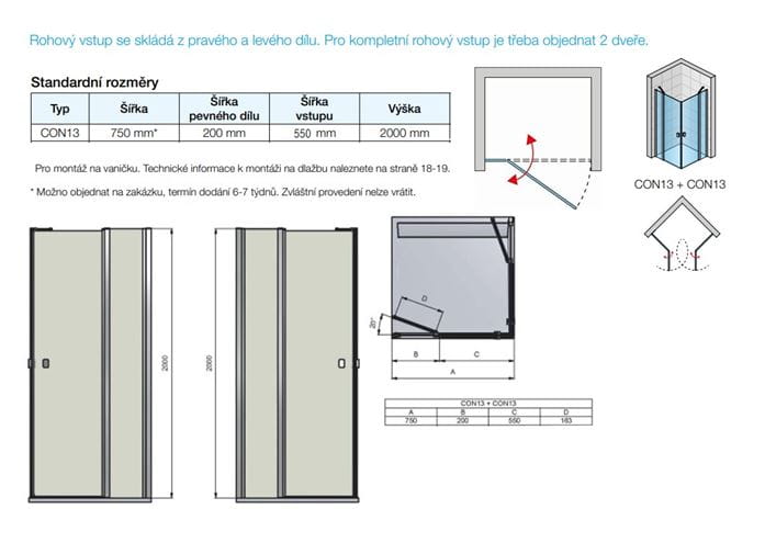 CONCEPT 200 sprchové dveře 75x200 cm, křídlové, černá/čiré sklo CON130750607 Technický nákres
