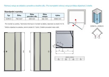 CONCEPT 200 sprchové dveře 75x200 cm, křídlové, černá/čiré sklo CON130750607 Technický nákres