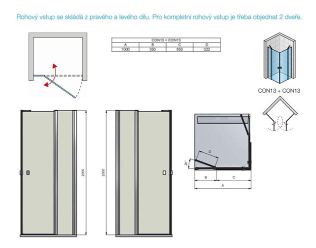 CONCEPT 200 sprchové dveře 100x200 cm, křídlové, černá/čiré sklo CON131000607 Technický nákres