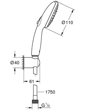 GROHE TEMPESTA 110 sprchová souprava 3-dílná, ruční sprcha pr. 110 mm, 3 proudy, hadice, držák, Water Saving, chrom 26639003 Technický nákres