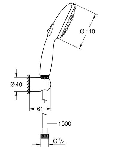 GROHE TEMPESTA 110 sprchová souprava 3-dílná, ruční sprcha pr. 110 mm, 3 proudy, hadice, držák, Water Saving, chrom 26920003 Technický nákres