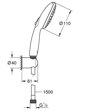 GROHE TEMPESTA 110 sprchová souprava 3-dílná, ruční sprcha pr. 110 mm, 3 proudy, hadice, držák, Water Saving, chrom 26920003 Technický nákres