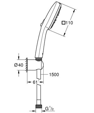 GROHE TEMPESTA CUBE 110 sprchová souprava 3-dílná, ruční sprcha 110x110 mm, 3 proudy, hadice, držák, Water Saving, chrom 27588003 Technický nákres