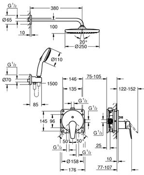 GROHE BAUEDGE sprchový set s podomítkovou baterií, horní sprcha, ruční sprcha se 2 proudy, hadice, držák, chrom 25290000 Technický nákres