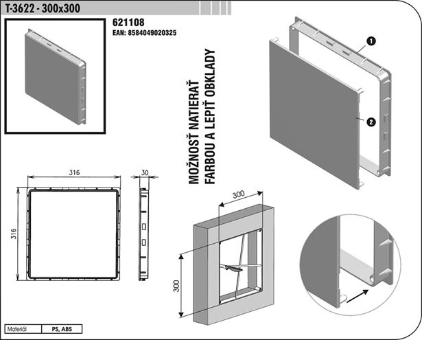 SLOVARM vanová dvířka 300x300 mm, bílá T-3622 A 300x300 Technický nákres
