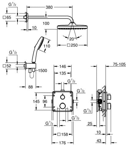GROHE GROHTHERM sprchový set s podomítkovou termostatickou baterií, horní sprcha, ruční sprcha se 2 proudy, hadice, držák, chrom 34871000 Technický nákres