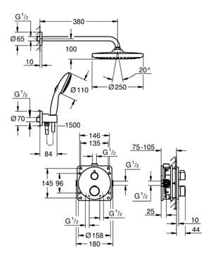 GROHE GROHTHERM sprchový set s podomítkovou termostatickou baterií, horní sprcha, ruční sprcha se 2 proudy, hadice, držák, chrom 34872000 Technický nákres