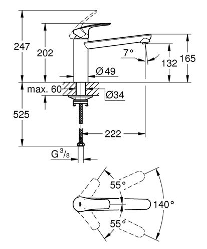 GROHE EUROSMART dřezová baterie, matná černá 304632430 Technický nákres