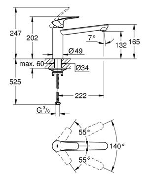 GROHE EUROSMART dřezová baterie, matná černá 304632430 Technický nákres