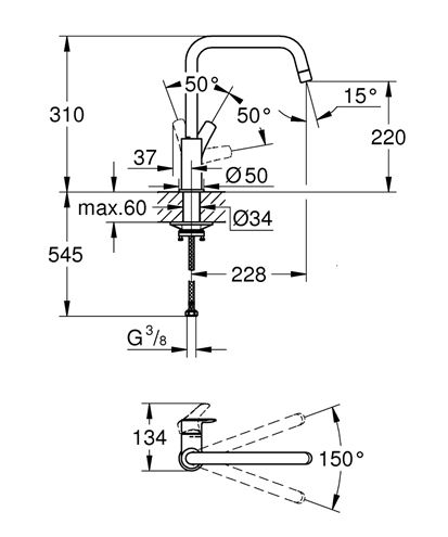 GROHE EUROSMART dřezová baterie, matná černá 305672430 Technický nákres