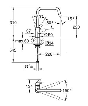 GROHE EUROSMART dřezová baterie, matná černá 305672430 Technický nákres