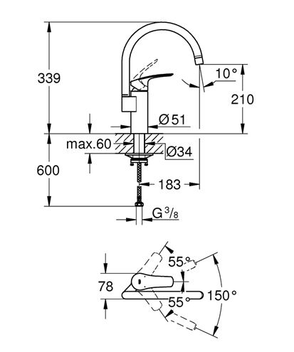 GROHE EUROSMART dřezová baterie, matná černá 332022433 Technický nákres