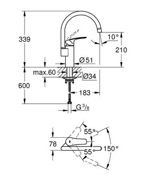GROHE EUROSMART dřezová baterie, matná černá 332022433 Technický nákres