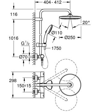 GROHE TEMPESTA SYSTEM 250 sprchový set s termostatickou baterií, horní sprcha, ruční sprcha se 2 proudy, tyč, hadice, Water Saving, chrom 26670001 Technický nákres
