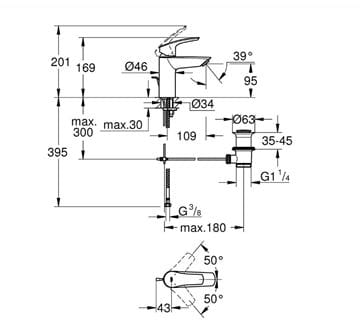 GROHE EUROSMART umyvadlová stojánková baterie, s odtokovou soupravou, Water Saving, matná černá 332652433 Technický nákres