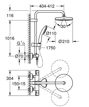GROHE TEMPESTA SYSTEM 210 sprchový set s termostatickou baterií, horní sprcha, ruční sprcha, tyč, hadice, Water Saving, chrom 26811001 Technický nákres