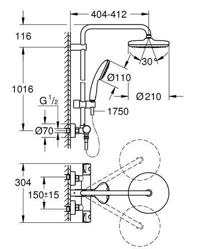 GROHE TEMPESTA SYSTEM 210 sprchový set s termostatickou baterií, horní sprcha, ruční sprcha, tyč, hadice, Water Saving, chrom 26811001 Technický nákres