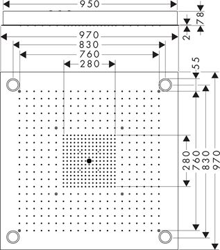 AXOR SHOWER SOLUTIONS SHOWERHEAVEN 970/970 3JET horní sprcha 970x970 mm, 3 proudy, s LED osvětlením, vzhled nerezu 10623800 Technický nákres