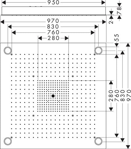 AXOR SHOWER SOLUTIONS SHOWERHEAVEN 970/970 3JET horní sprcha 970x970 mm, 3 proudy, s LED osvětlením, vzhled nerezu 10623800 Technický nákres