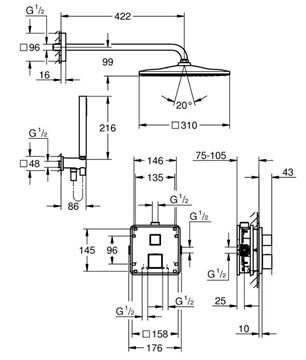 GROHE GROHTHERM CUBE sprchový set s podomítkovou termostatickou baterií, horní sprcha, ruční sprcha, hadice, držák, chrom 34868000 Technický nákres