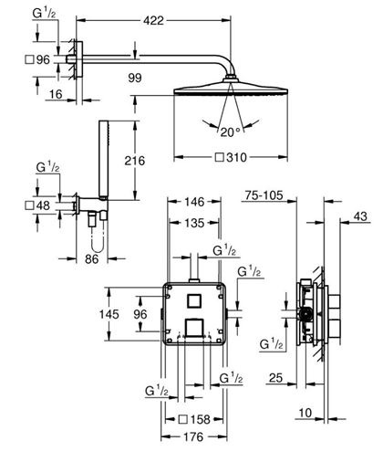 GROHE GROHTHERM CUBE sprchový set s podomítkovou termostatickou baterií, horní sprcha, ruční sprcha, hadice, držák, chrom 34868000 Technický nákres