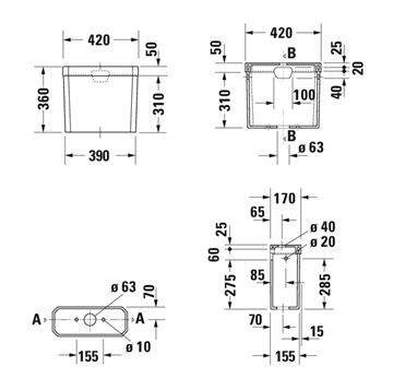 DURAVIT 1930 WC kombi nádržka, boční přívod vody, Dual-Flush 0872200005 Technický nákres